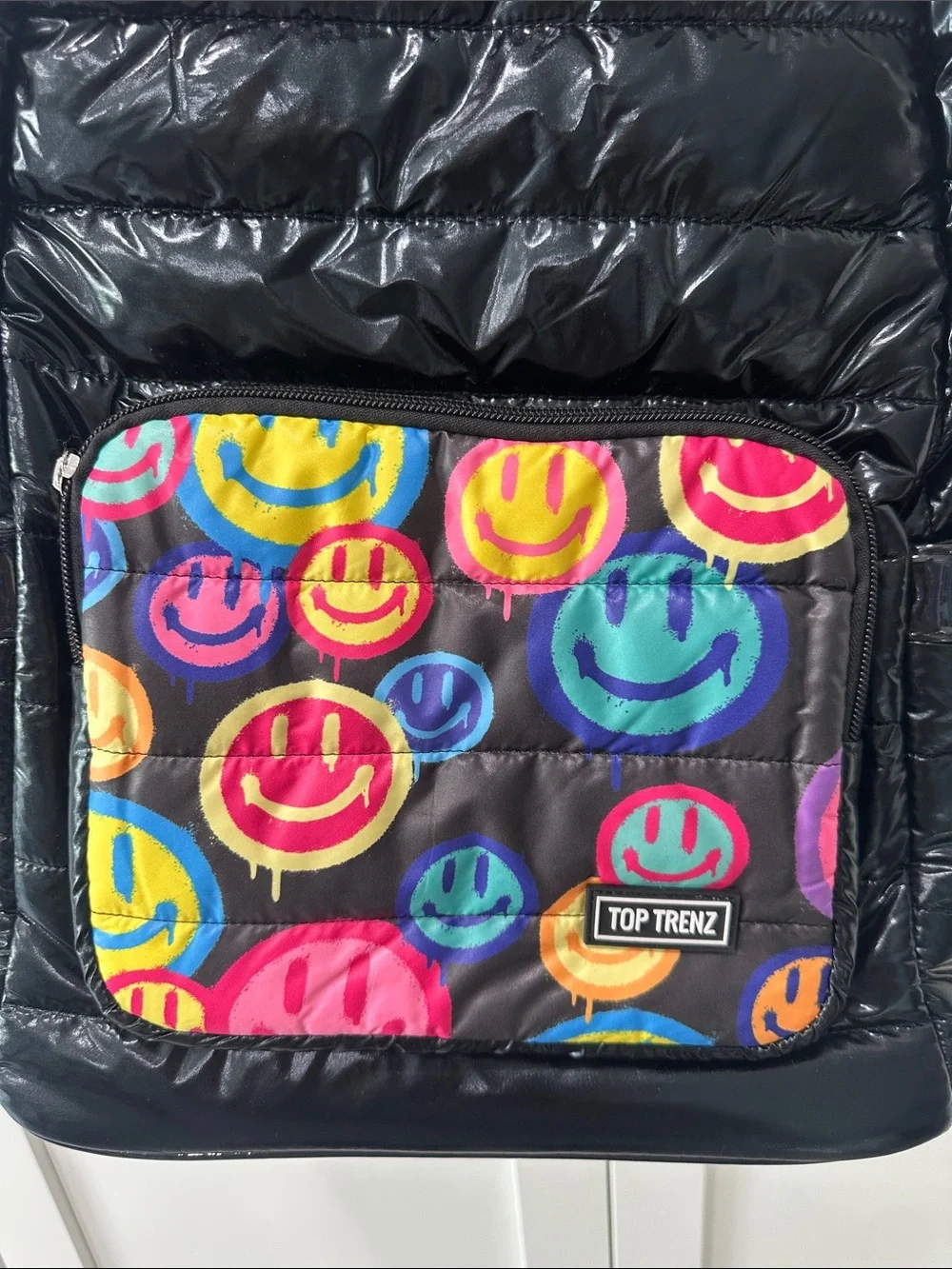 New Kids Black puffer  Backpack with Colorful Smile Print Front Pocket